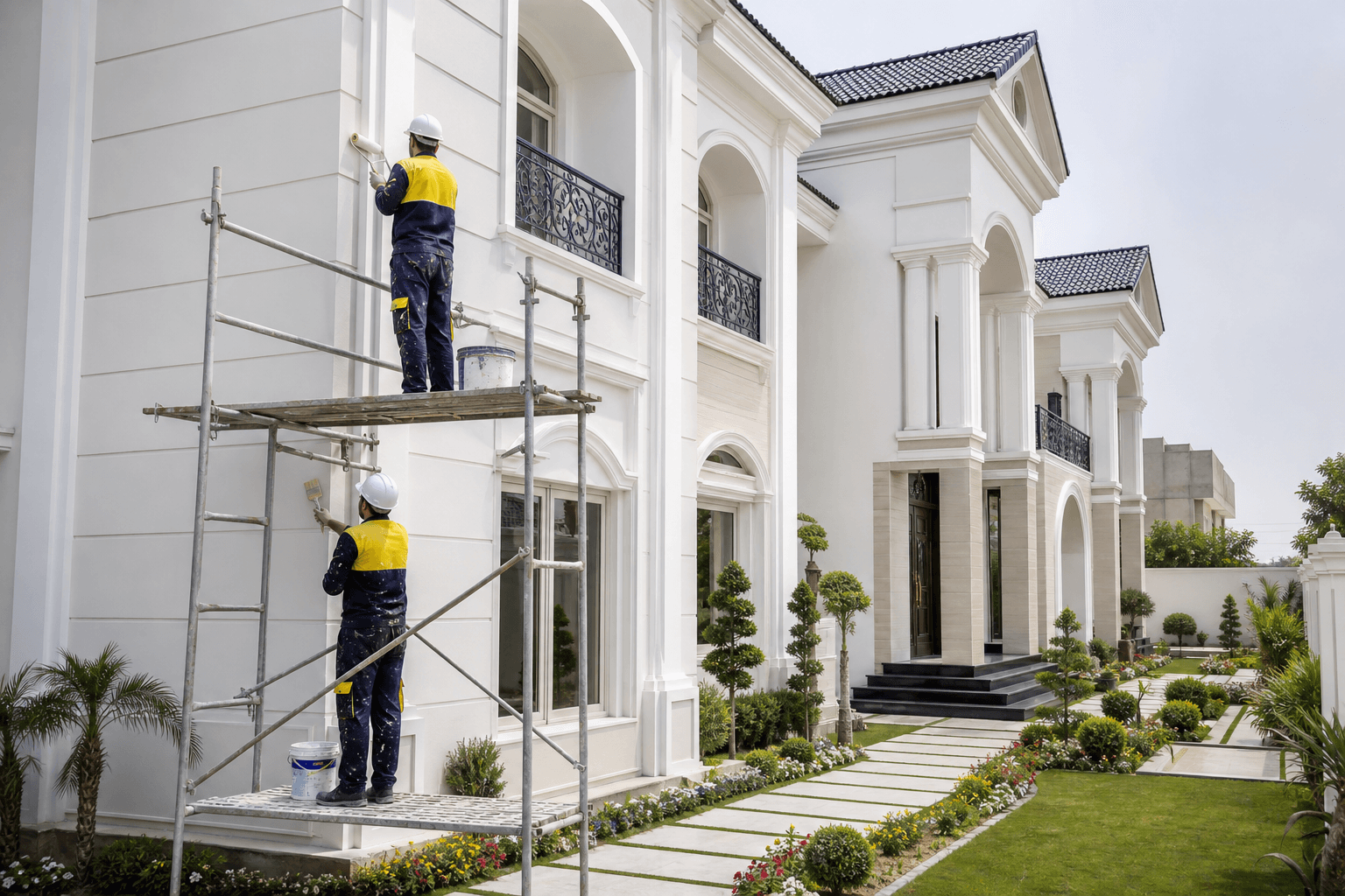Professional painters painting luxury house exterior Lahore — Bin Sadiq Construction