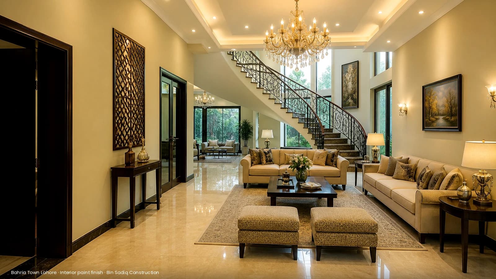Interior house painting Bahria Town Lahore — wide living room paint finish