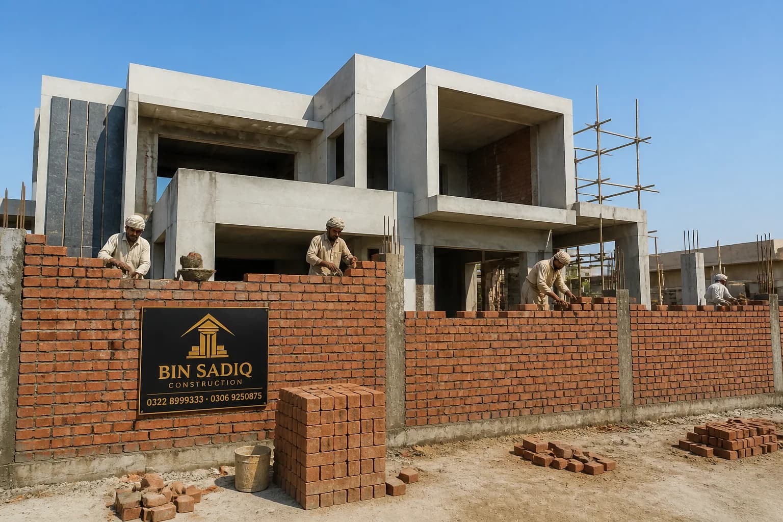 Brick masonry on Lahore house grey structure Bin Sadiq