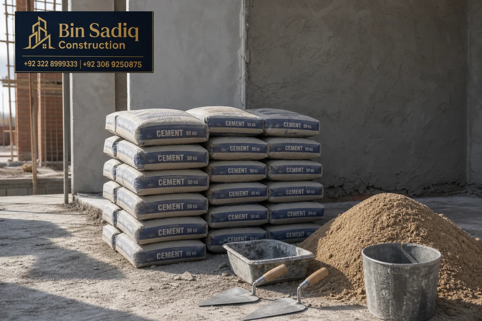 50kg cement bags and plaster materials Lahore — Bin Sadiq Construction