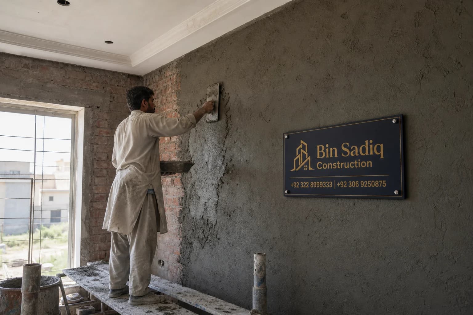 Cement plaster work Lahore with Bin Sadiq Construction wall board