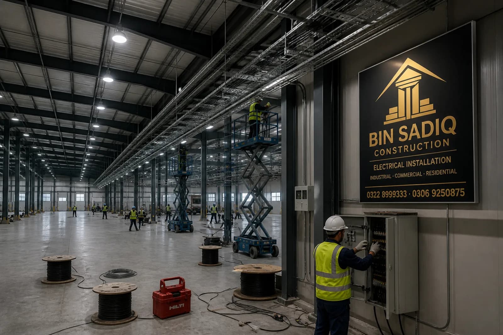 Wide factory warehouse electrical installation Pakistan