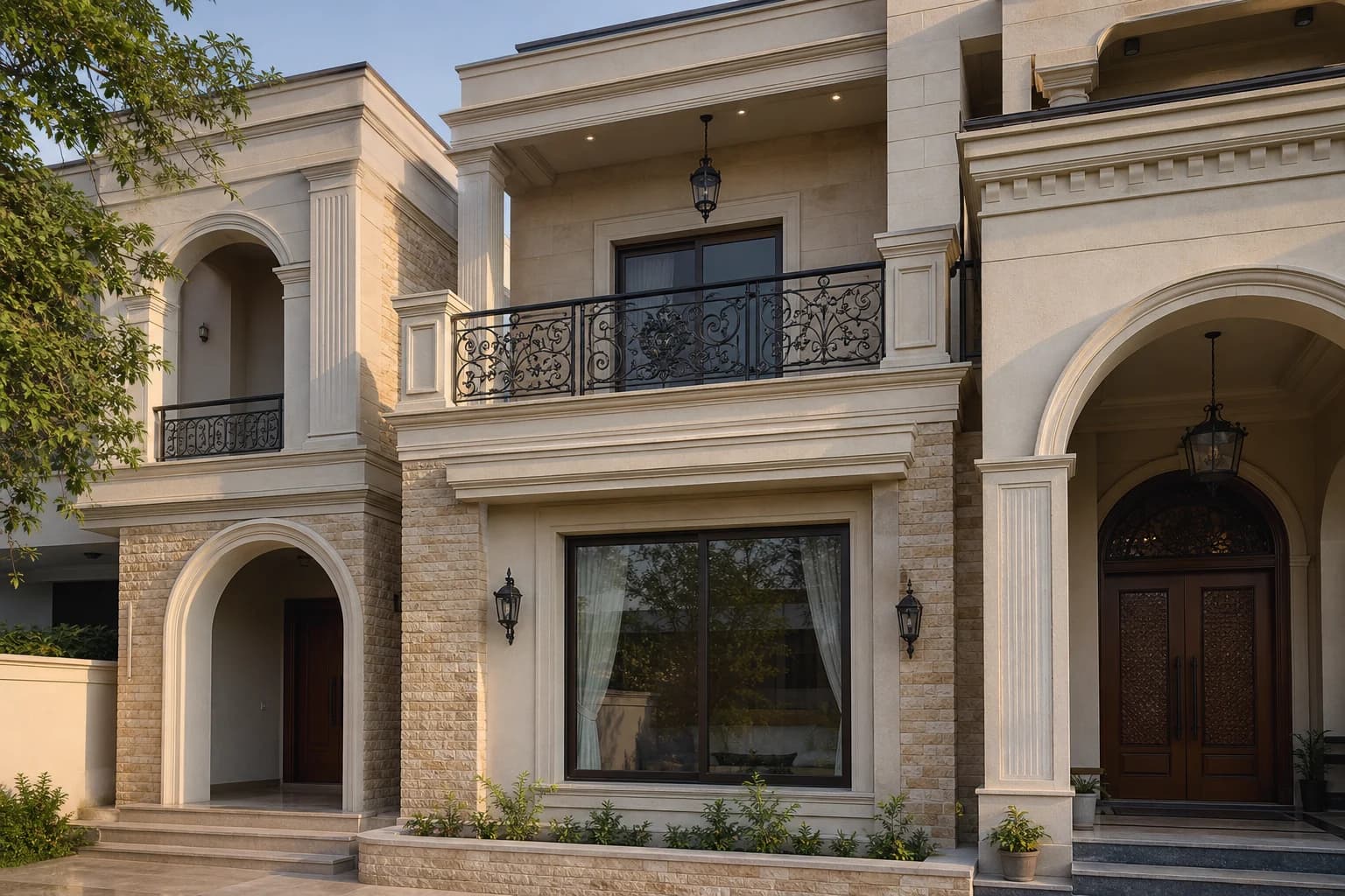 Elevation finishing Lahore — stone cladding and moulding detail