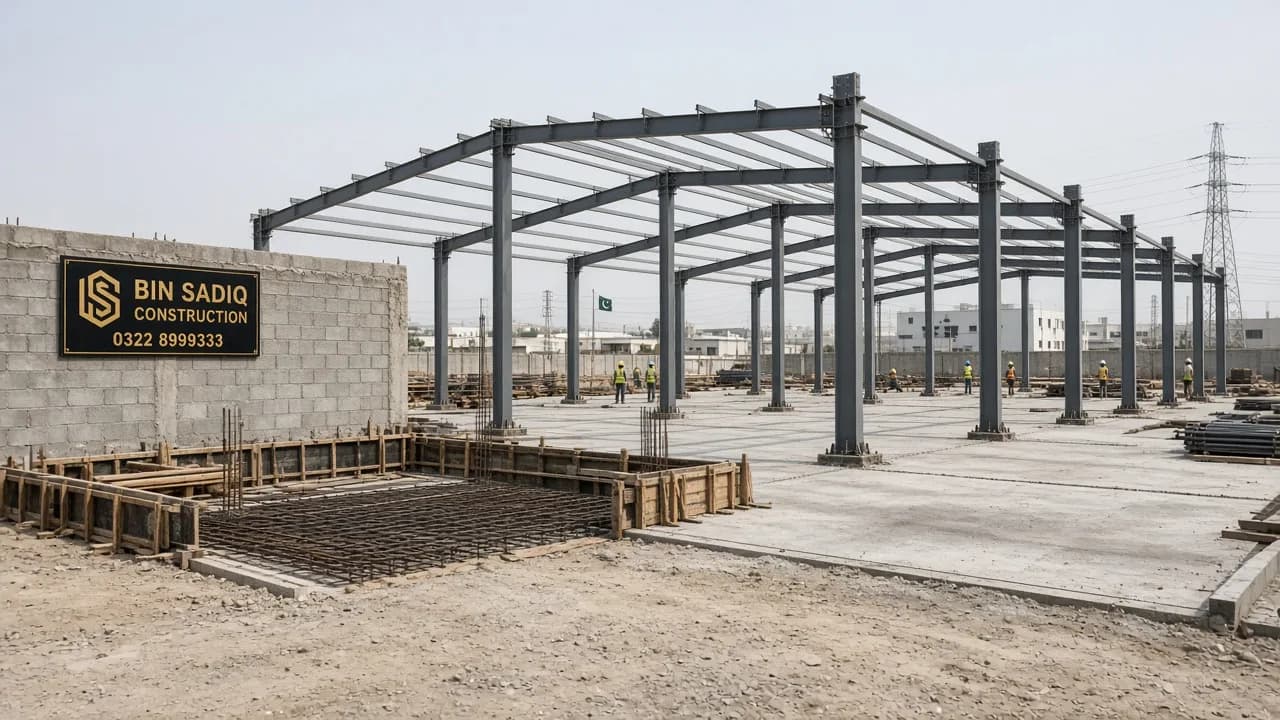 Factory construction site Sundar Raiwind — PEB steel frame and slab