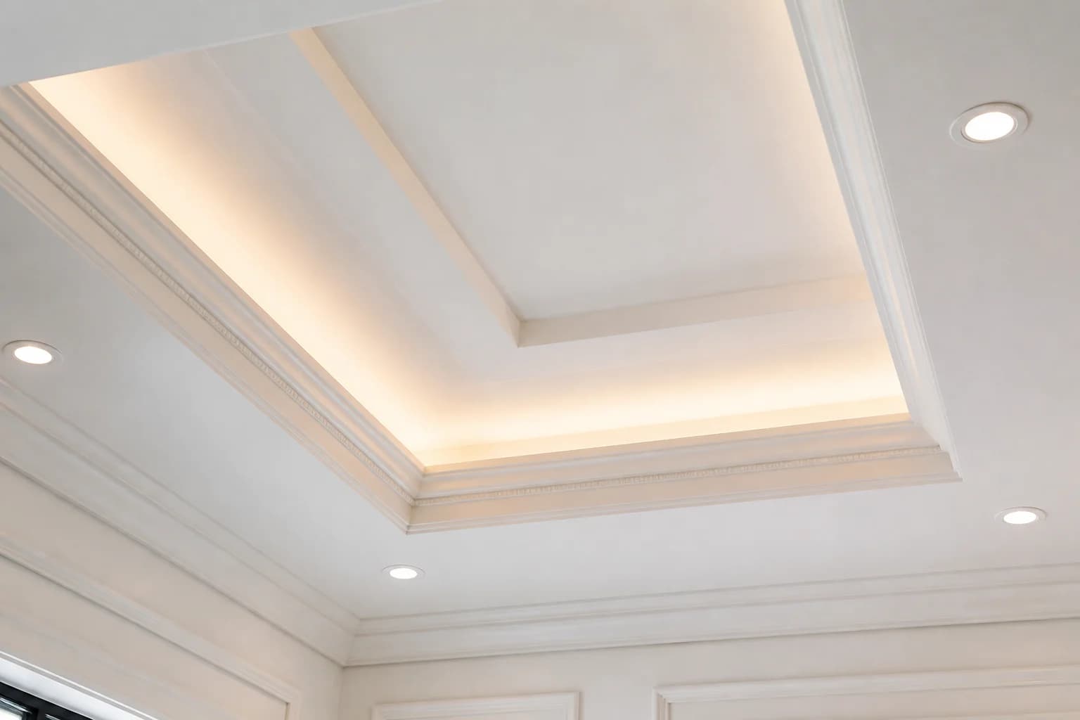 False ceiling design Lahore — finished white tray and cove detail