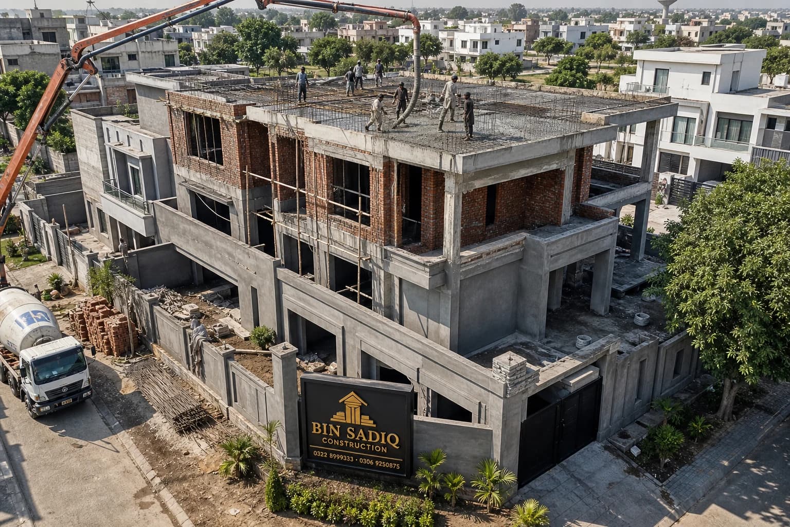 Grey structure contractor Lahore drone view RCC slab pour on 3-storey house