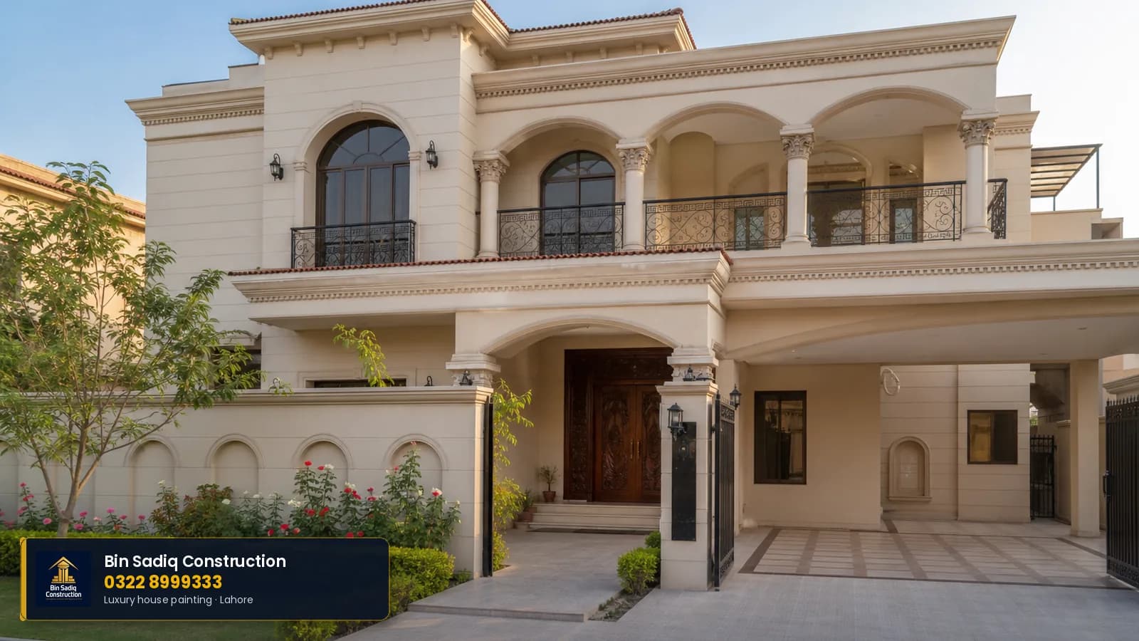 Classic luxury house painting Lahore — wide arched mansion exterior