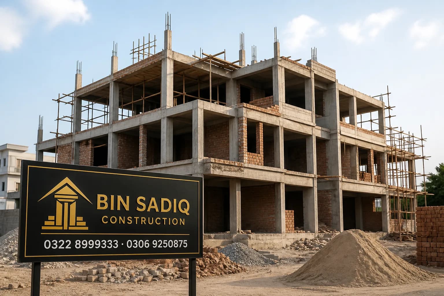 Grey structure house construction Pakistan RCC brickwork Bin Sadiq