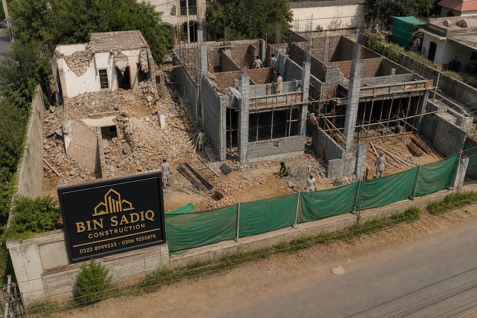 House Demolition & Rebuild Lahore — Old House to New Grey Structure — Bin Sadiq Construction Lahore