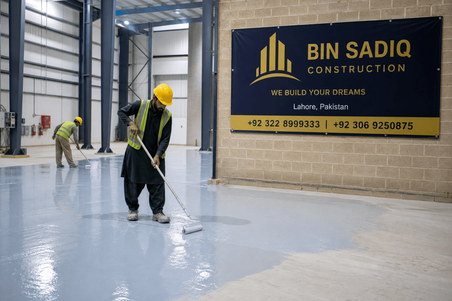 Epoxy commercial floor coating Lahore with Bin Sadiq Construction wall banner