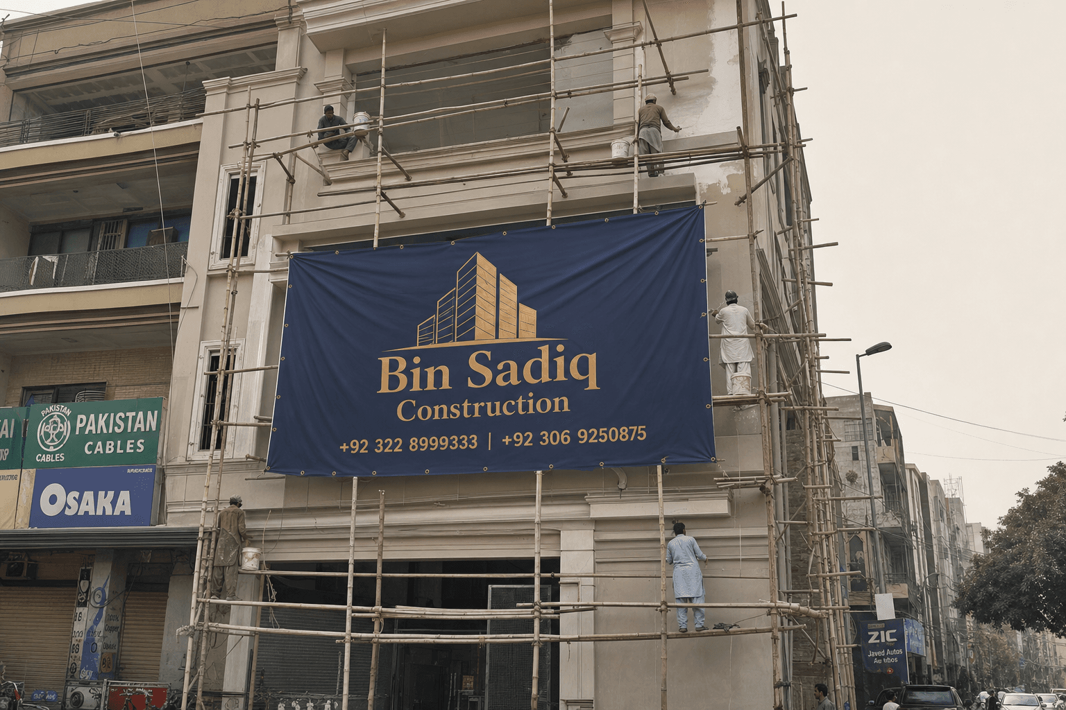 Exterior façade painting Lahore scaffolding with Bin Sadiq Construction banner