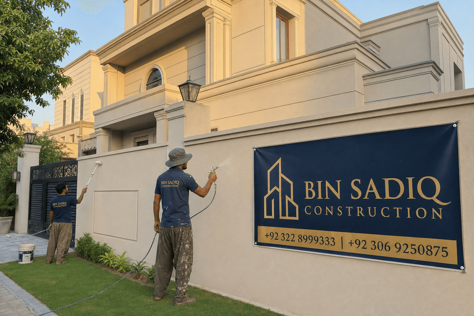 Weather shield exterior painting Lahore villa with Bin Sadiq Construction banner