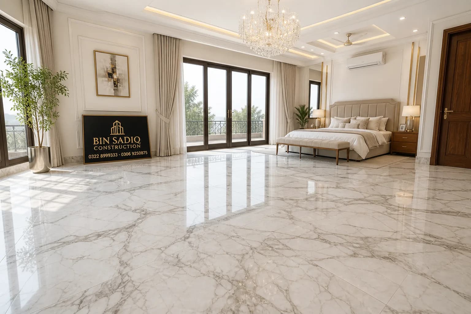 Bright luxury bedroom with wide marble flooring interior finishing Lahore Bin Sadiq