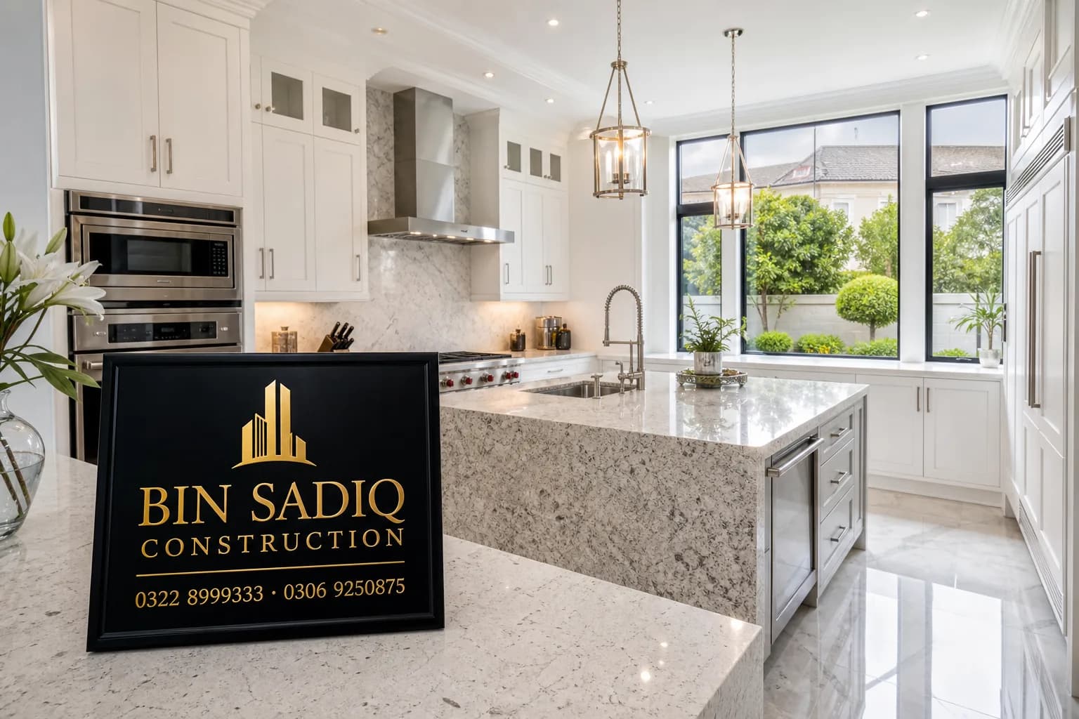 Luxury quartz granite kitchen stone installation Lahore Bin Sadiq