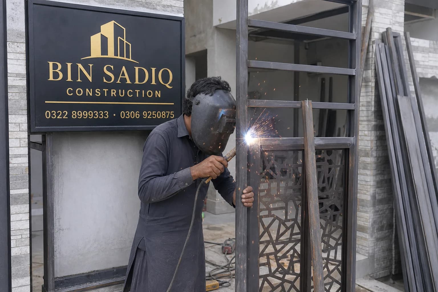 Steel door welding fabrication ongoing work Lahore Bin Sadiq