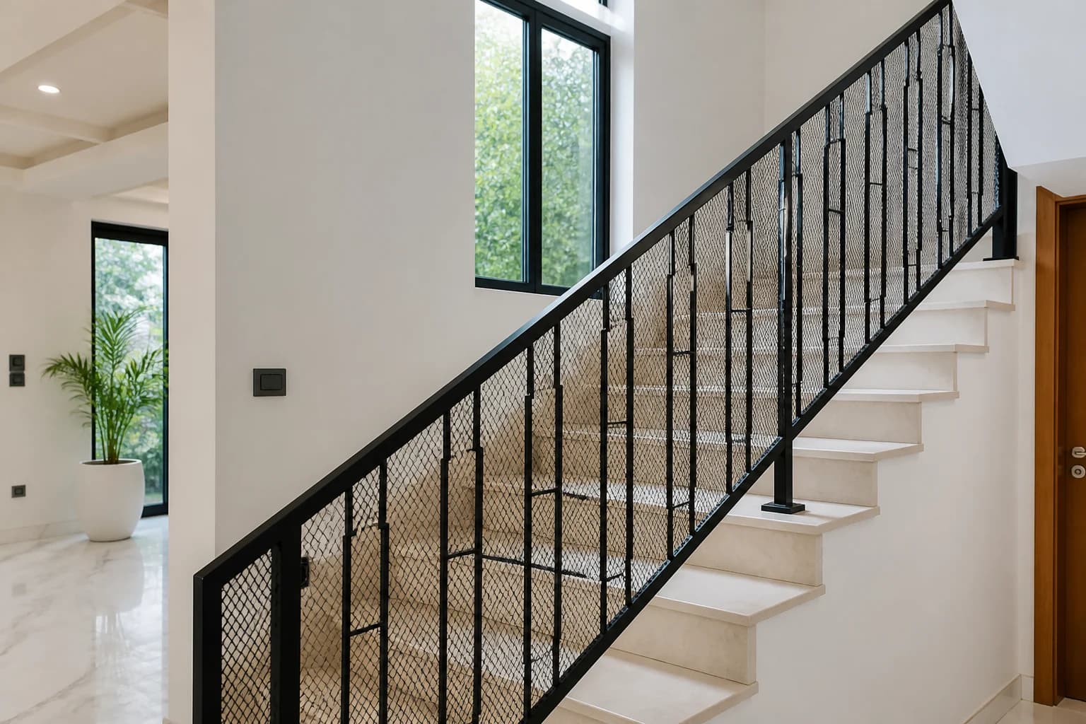 Stair metal jali railing Lahore — balcony safety mesh
