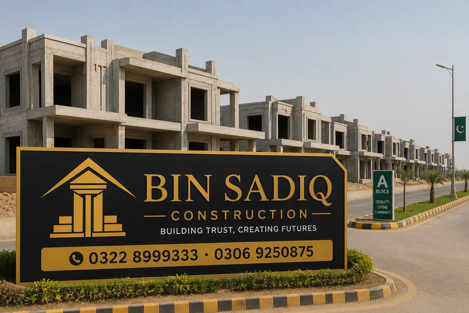 Grey structure housing blocks in society Lahore Bin Sadiq
