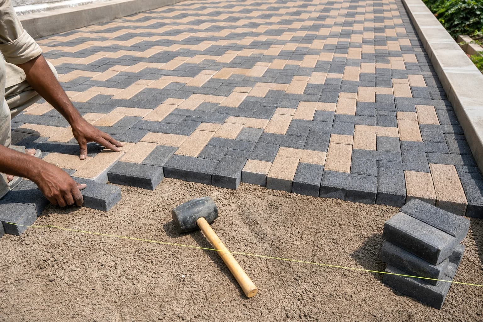 Tuff tile installation Lahore — interlocking pavers laid on compacted sand base