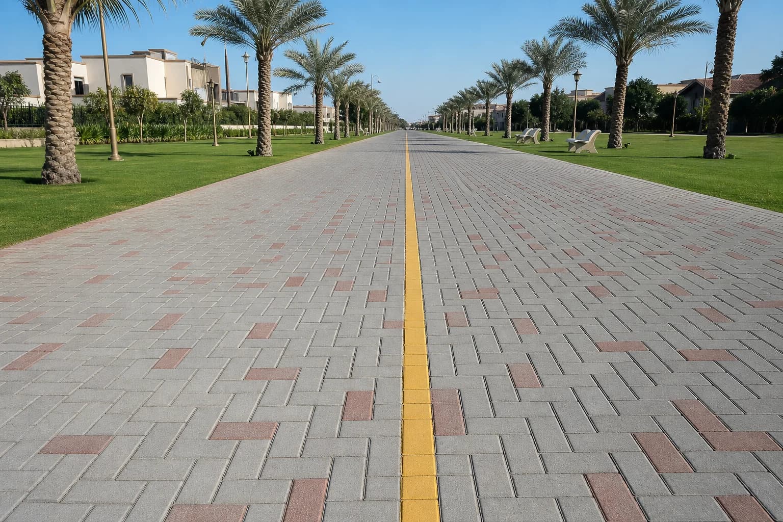 Herringbone tuff tile walkway Lahore — grey interlock with red accents and yellow centre line