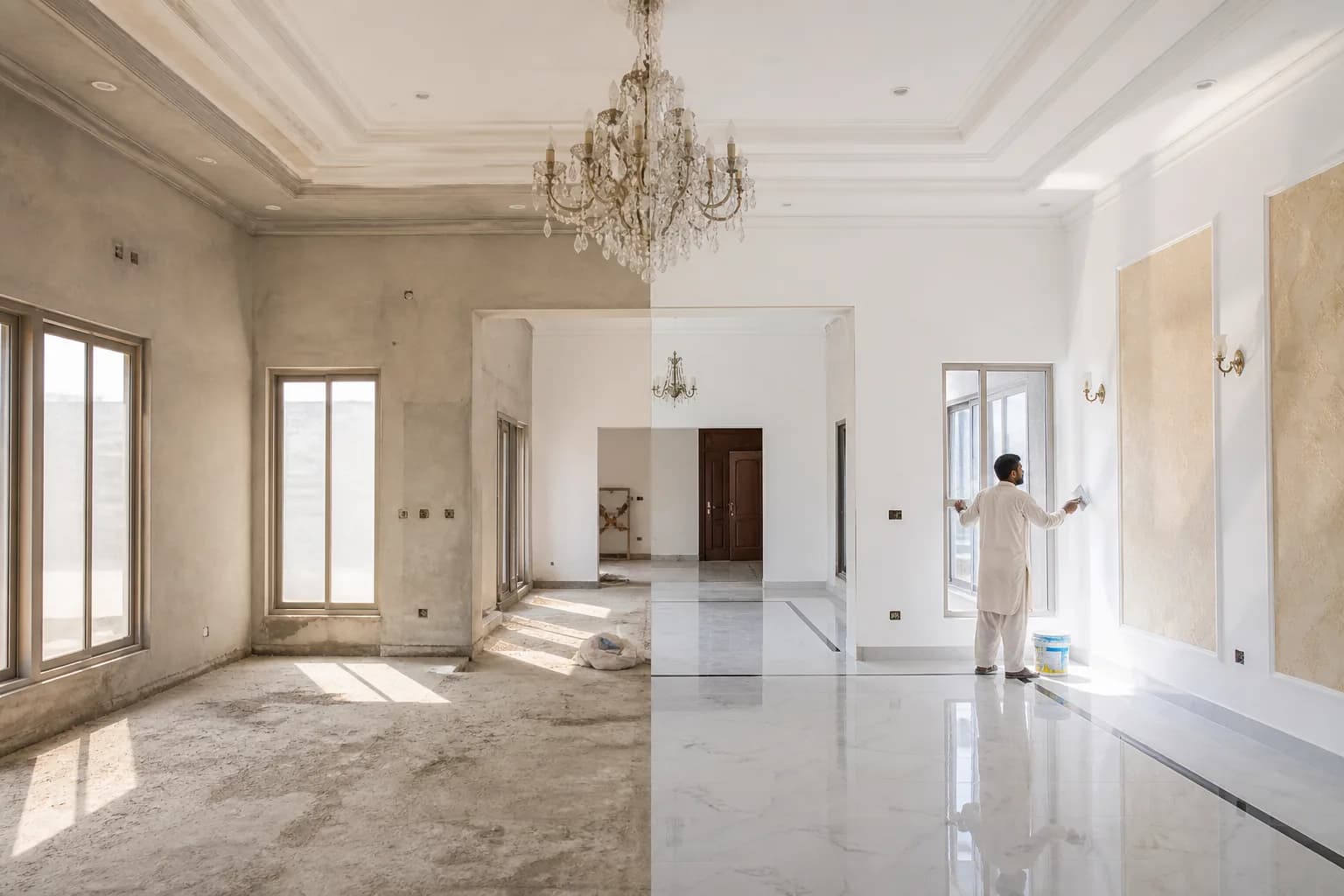Wall putty primer Lahore before and after — grey plaster vs paint-ready white walls