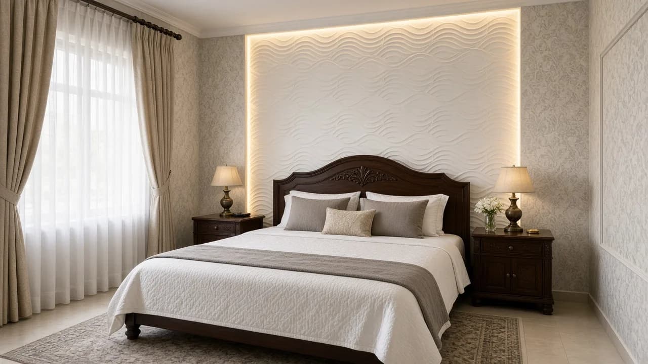 3D wall panels and wallpaper in a Lahore bedroom