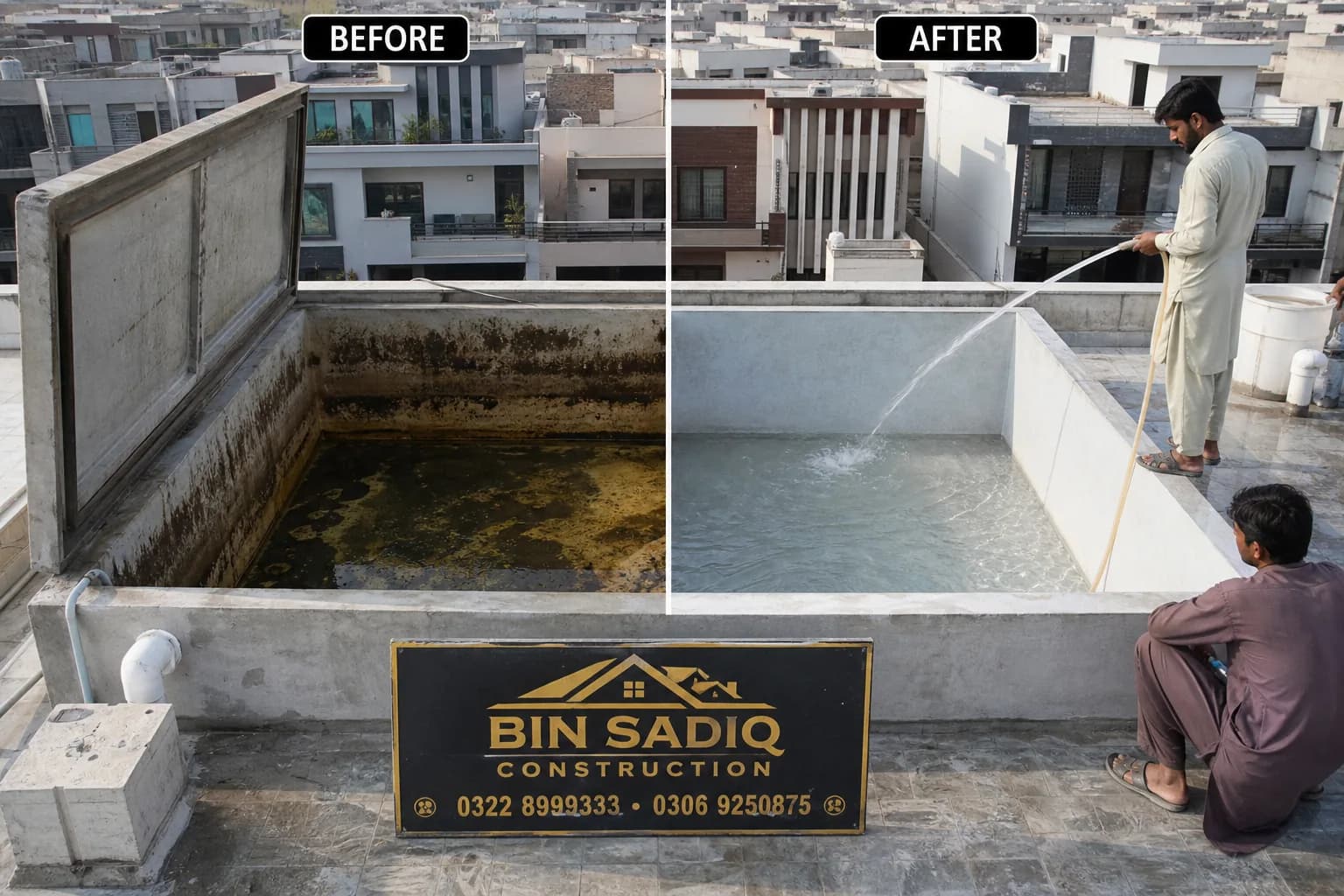 Water tank cleaning Lahore before and after — dirty sludge vs clean tank