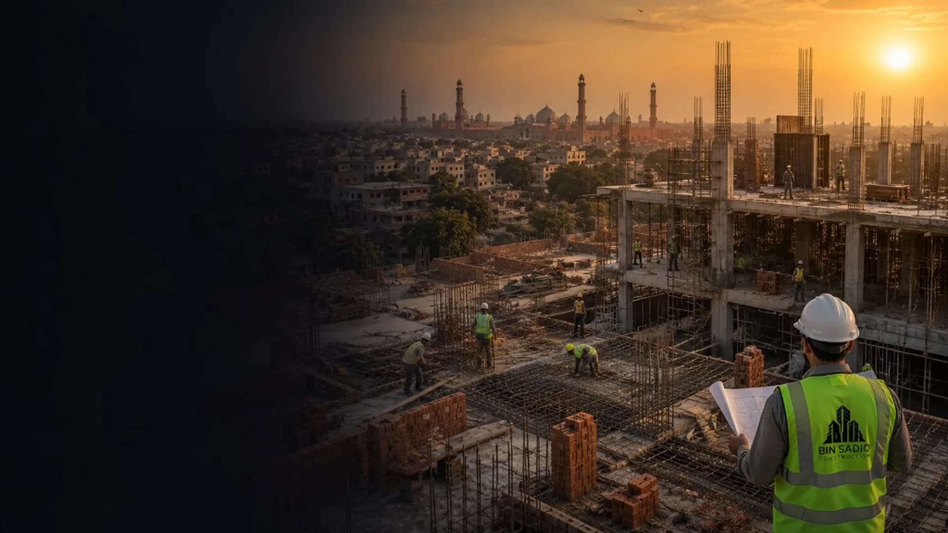 Bin Sadiq Construction team at Lahore building site — workers in safety vests with company logo, Badshahi Mosque skyline