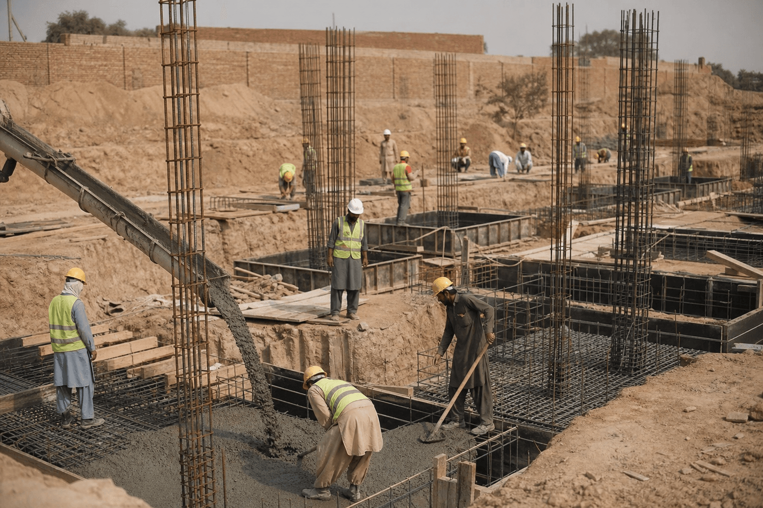 ماہر مزدوروں کے ساتھ بنیاد کا کام