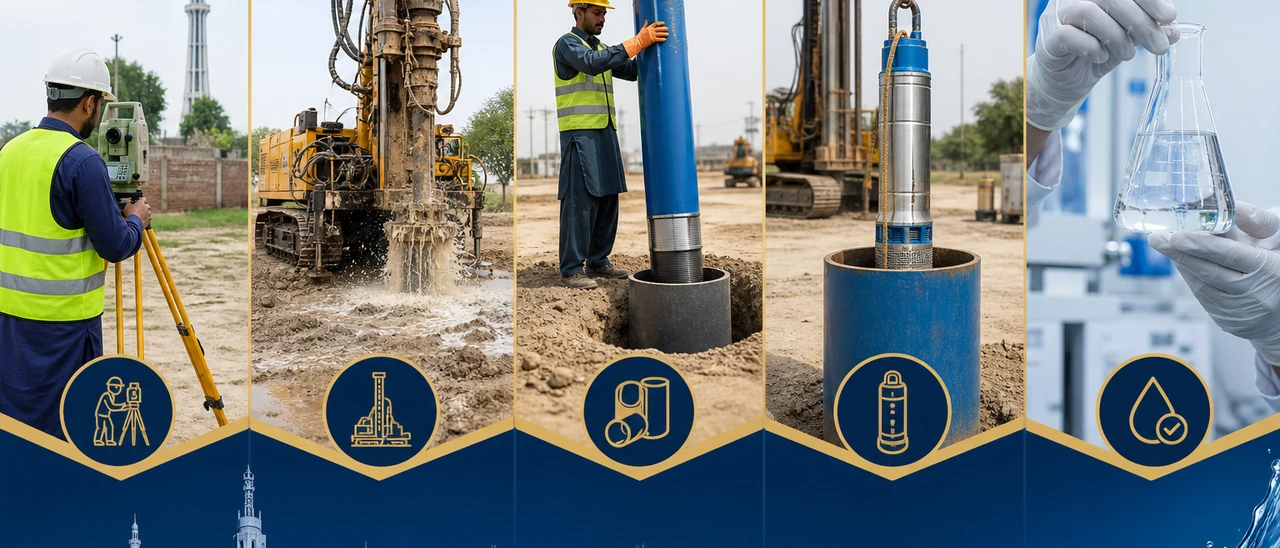 Water boring process — survey, rig drilling, casing, submersible pump, water testing, drainage